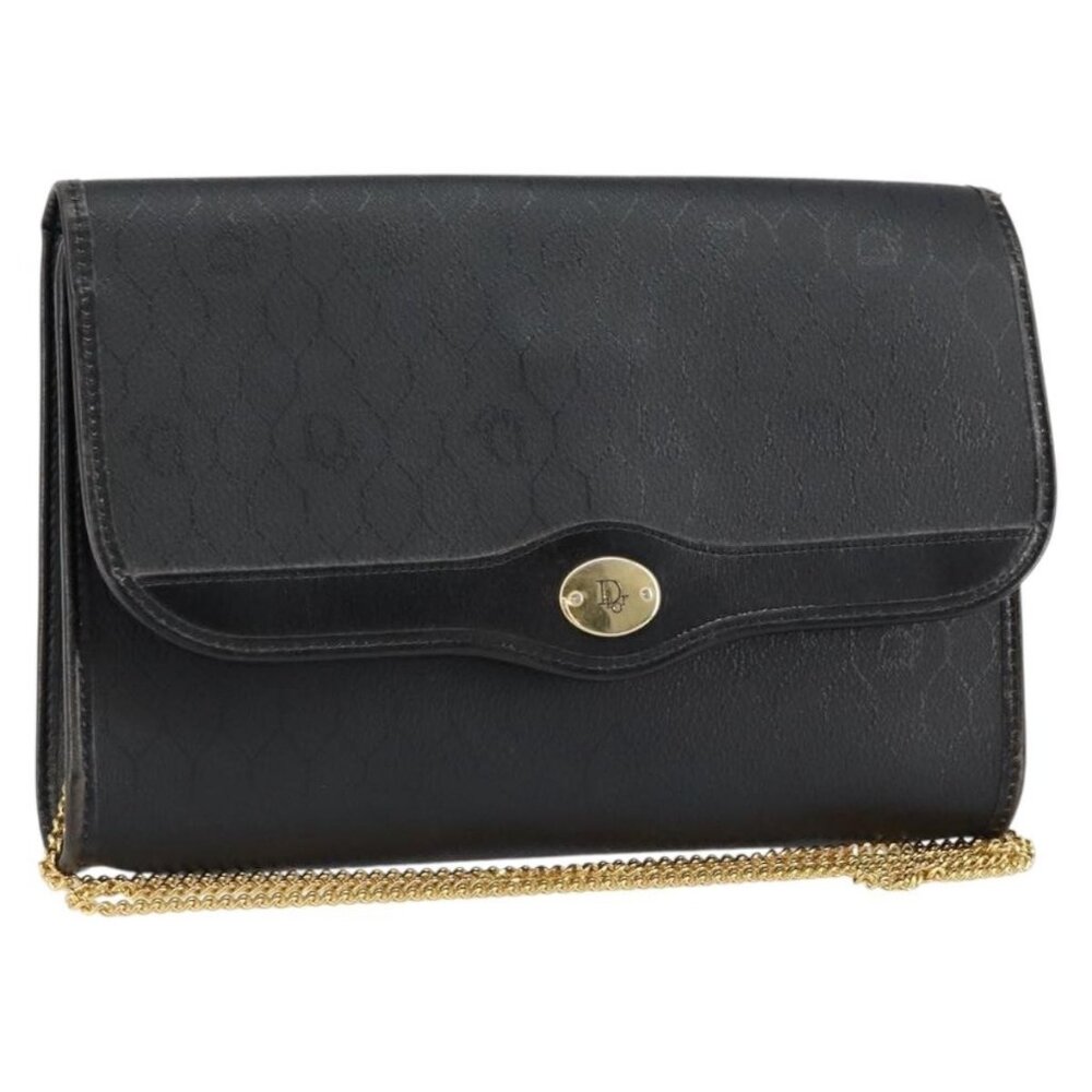 Authentic Christian Dior Honeycomb Canvas Chain Shoulder Bag PVC Black Gold